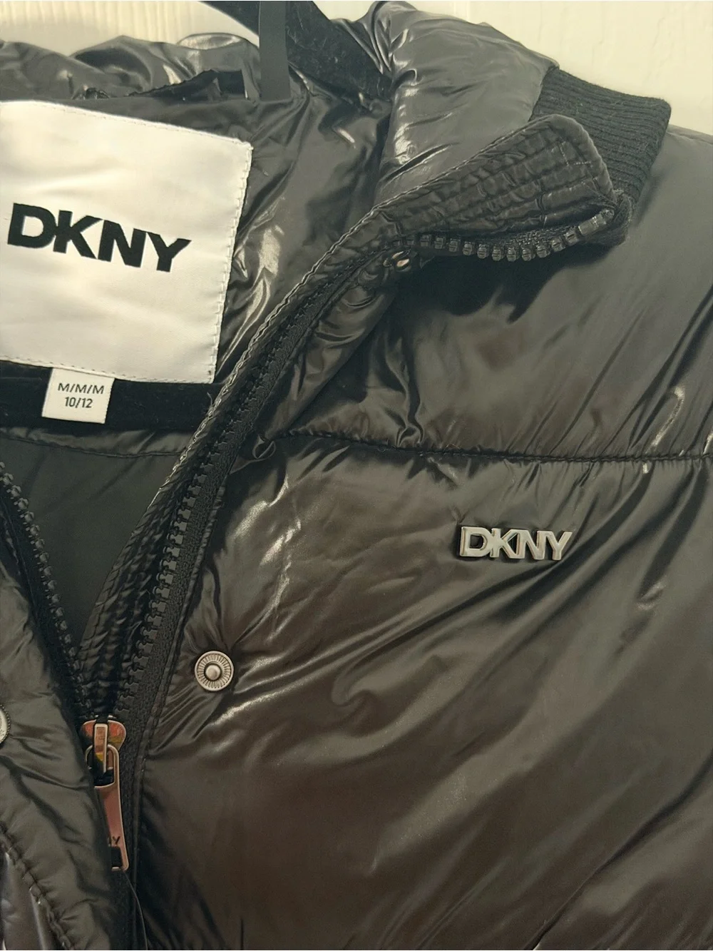 DKNY Black Shiny Puffer Jacket with Hood